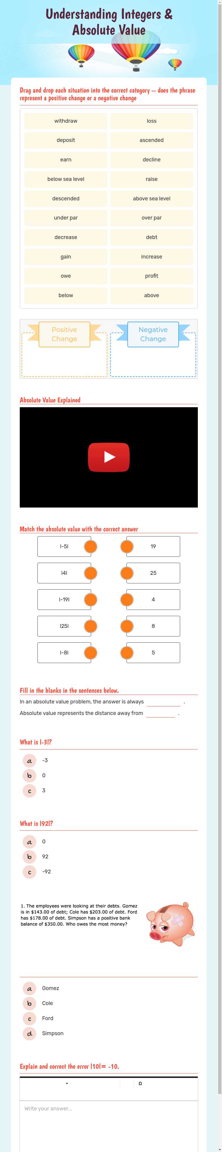 Understanding Integers & Absolute Value worksheet preview image