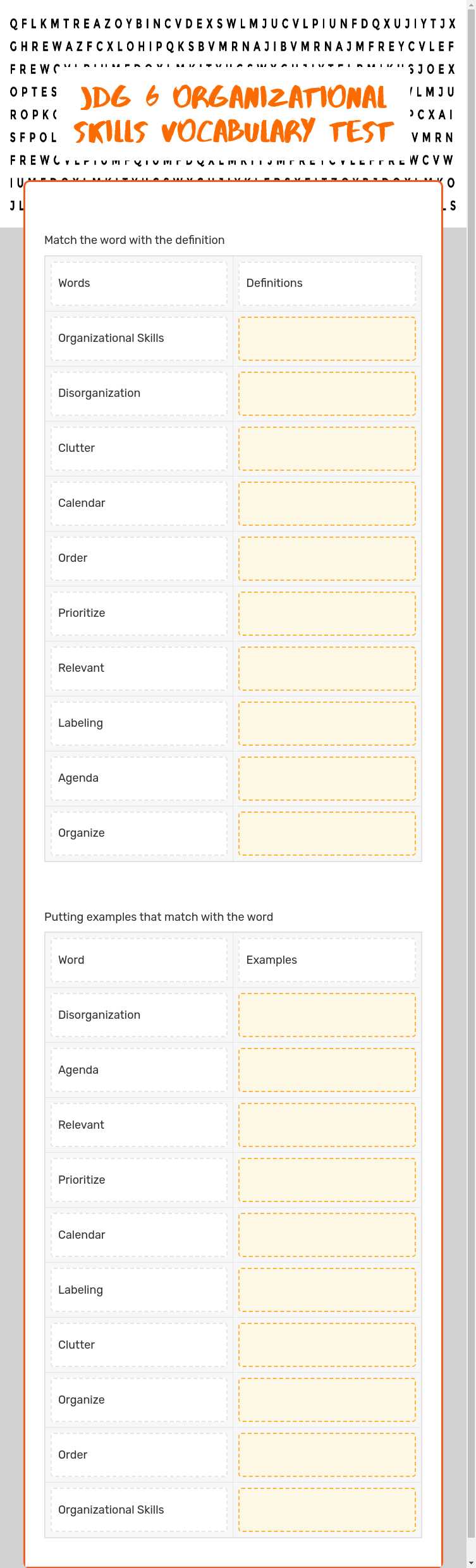 JDG 6 Organizational Skills Vocabulary TEst worksheet preview image