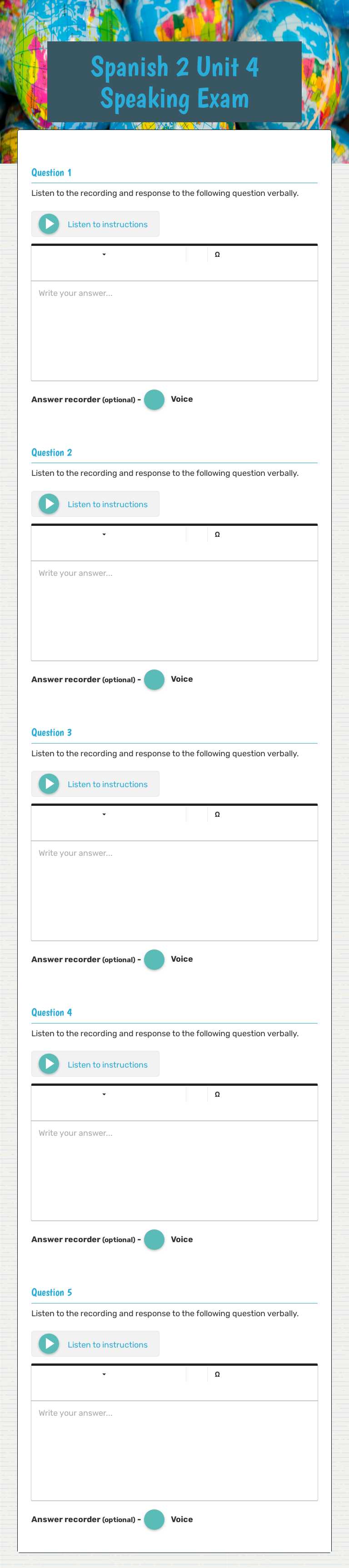 Spanish 2 Unit 4 Speaking Exam worksheet preview image