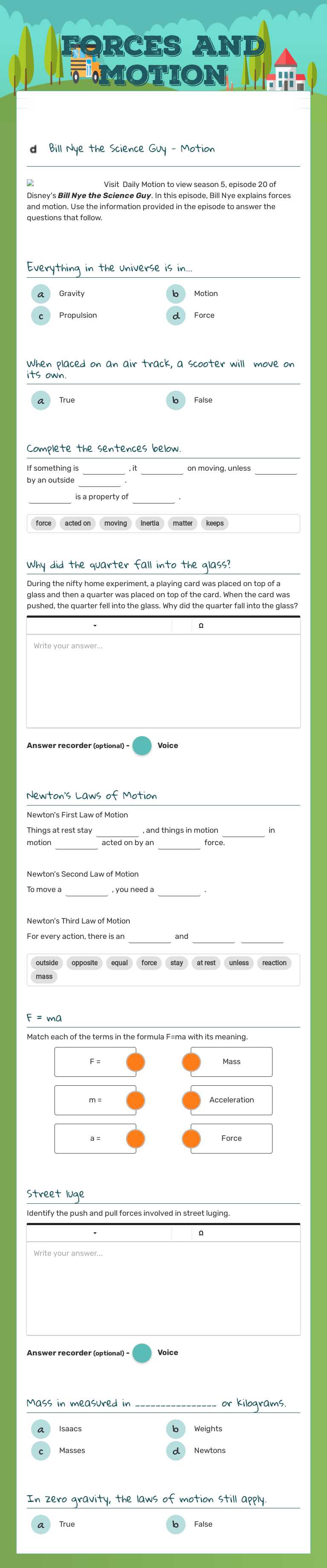 Forces and motion Grade 7 worksheet preview