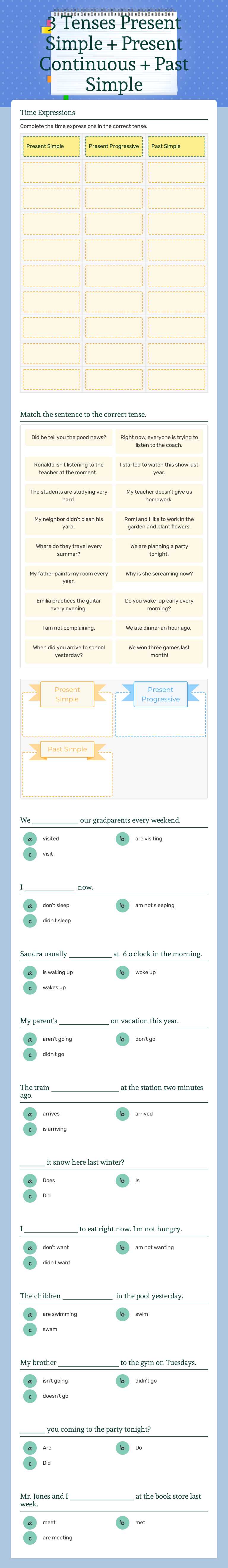 3 Tenses                Present Simple + Present Continuous + Past Simple worksheet preview image