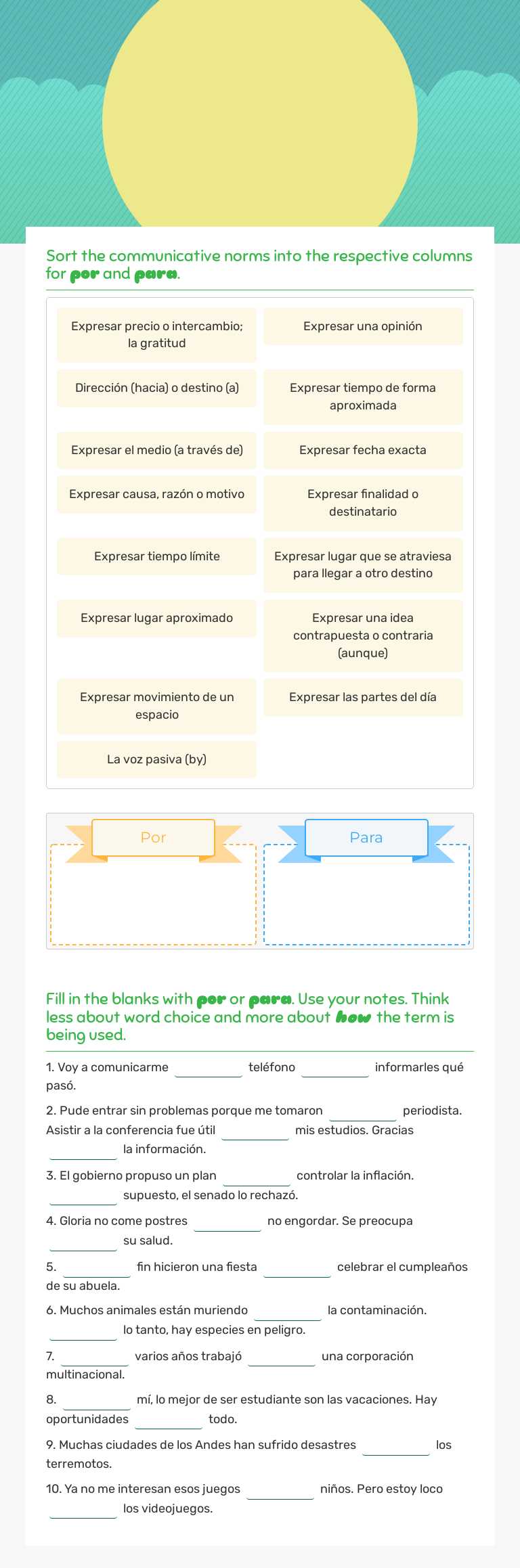 Por vs. Para worksheet preview image