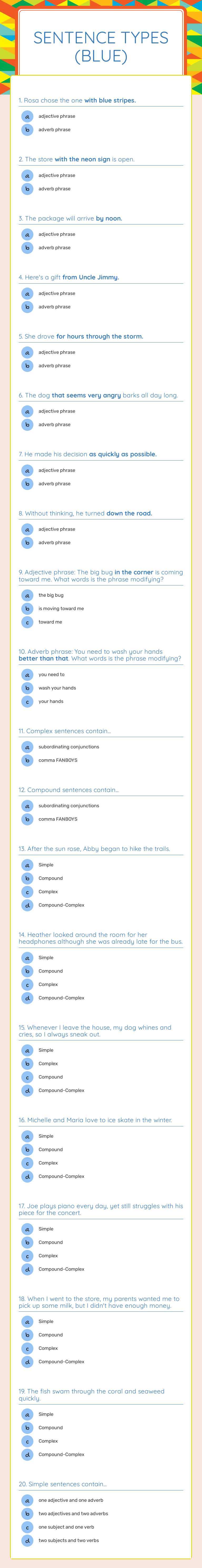 Sentence Types (Blue) Grade 7 worksheet preview