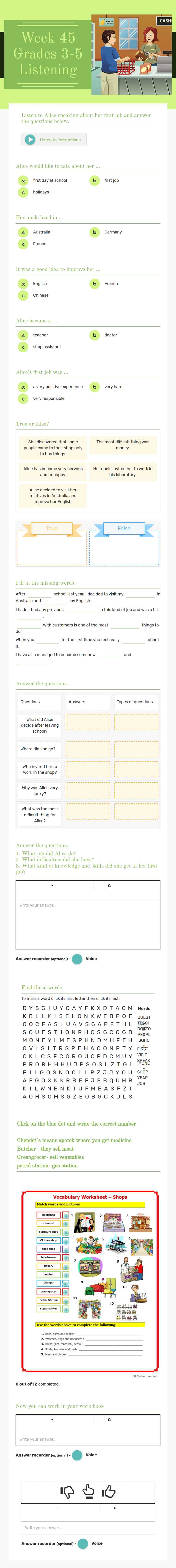 Week 45 Grades 3-5 Listening worksheet preview image