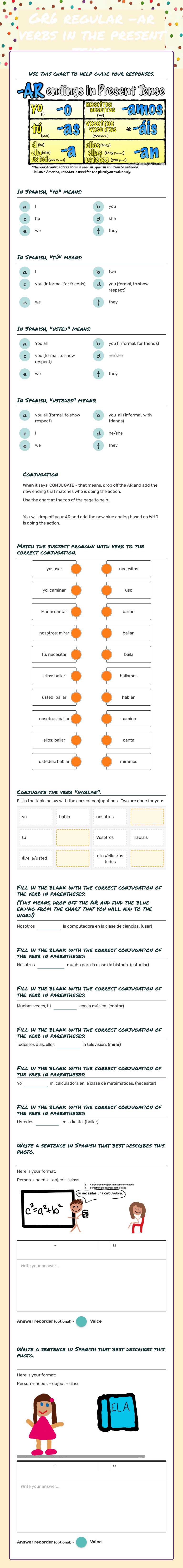 GR6 regular -ar verbs in the present tense Grade 6 worksheet preview