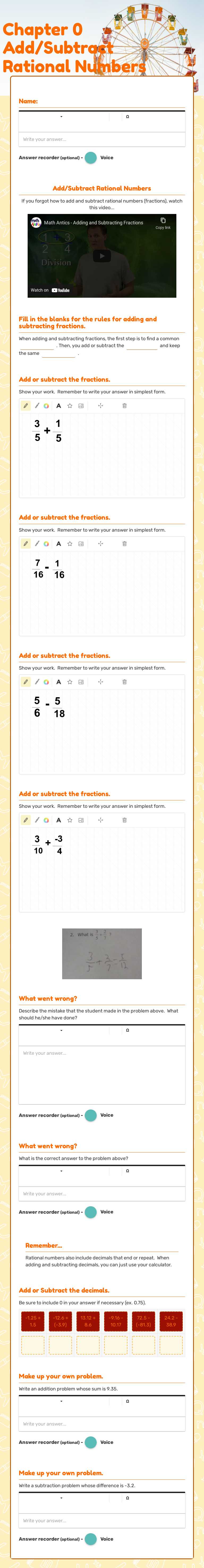 Chapter 0 Add/Subtract Rational  Numbers worksheet preview image