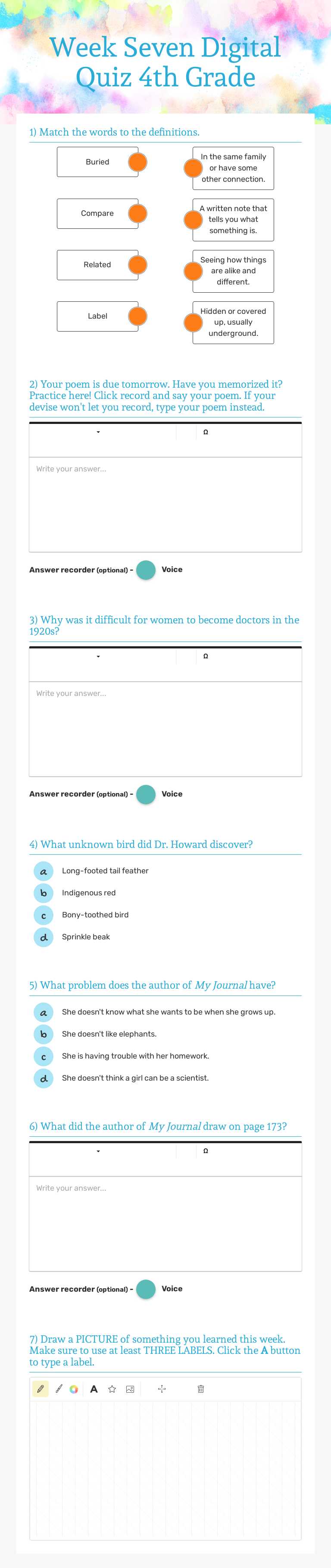 Week Seven Digital Quiz 4th Grade worksheet preview image