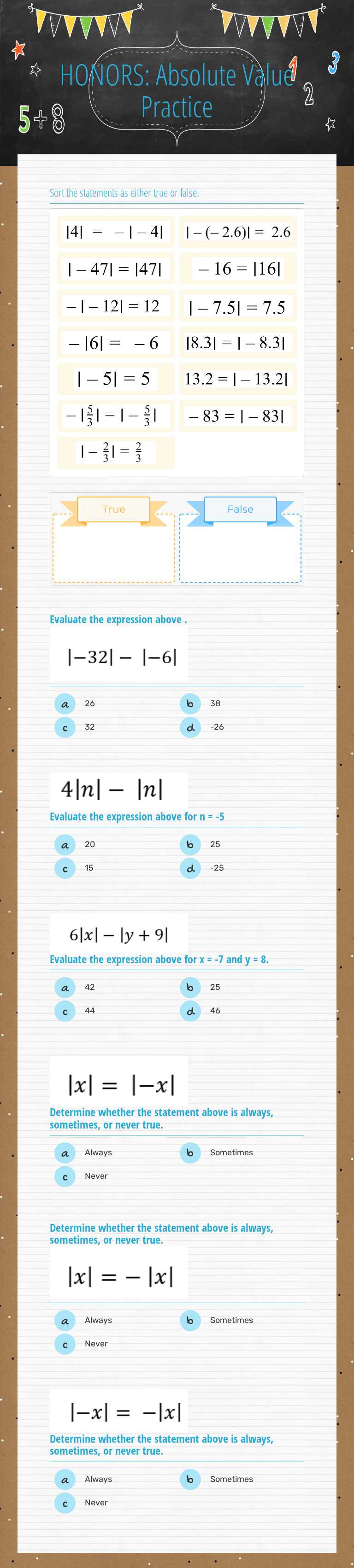 HONORS:
 Absolute Value Practice Grade 7 worksheet preview