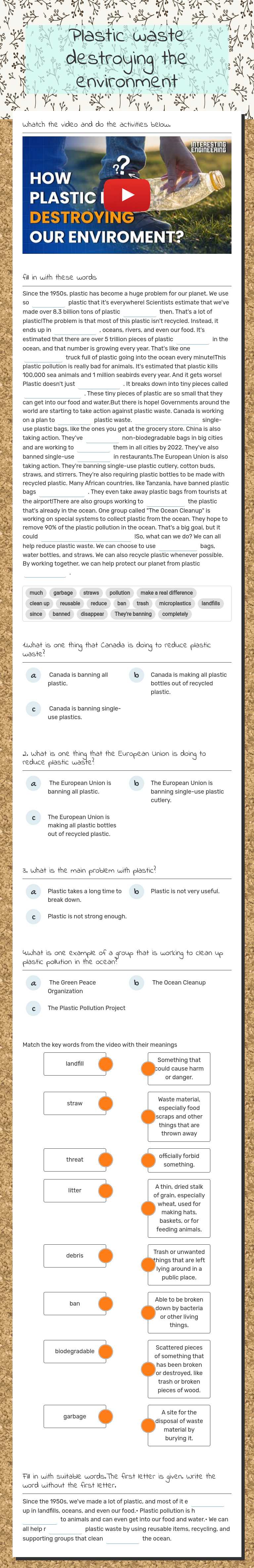 Plastic waste destroying the environment worksheet preview image