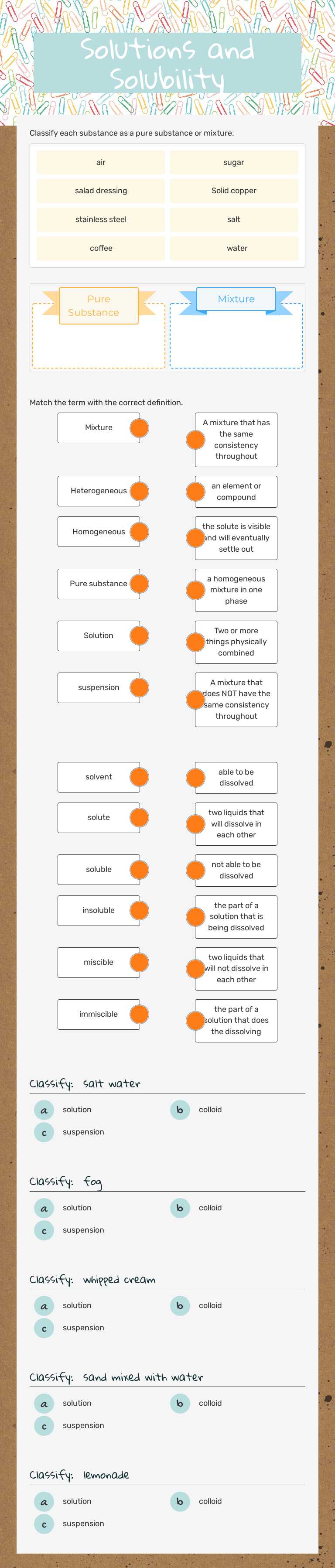 Solutions and Solubility worksheet preview image