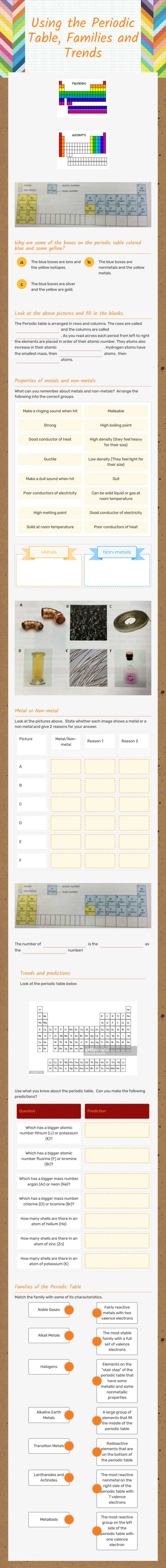 Using the Periodic Table, Families and Trends Grade 10 worksheet preview