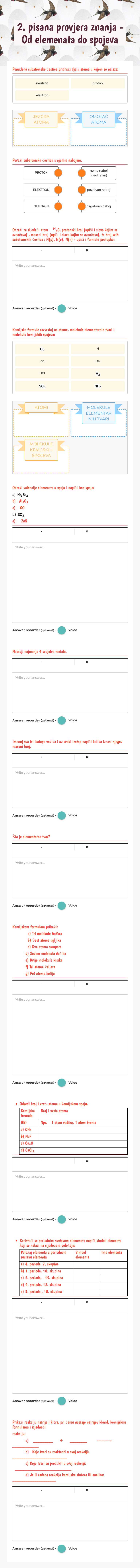 2. pisana provjera znanja - Od elemenata do spojeva worksheet preview image