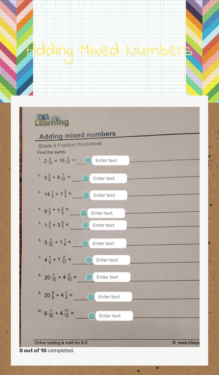 Adding Mixed Numbers worksheet preview image