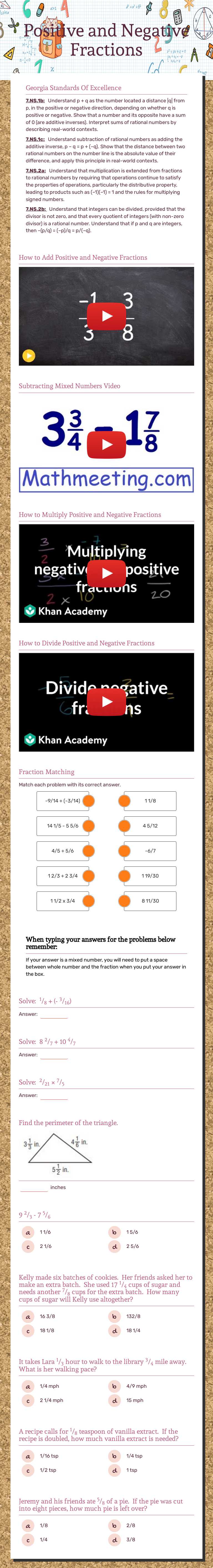 Positive and Negative Fractions Grade 7 worksheet preview