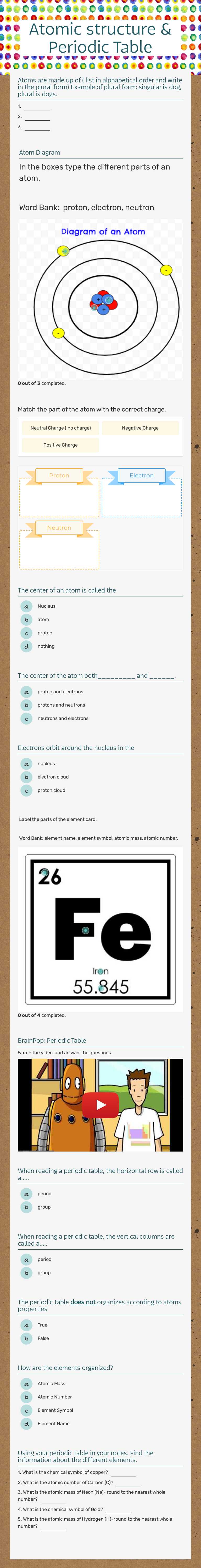 Atomic structure & Periodic Table Grade 6 worksheet preview