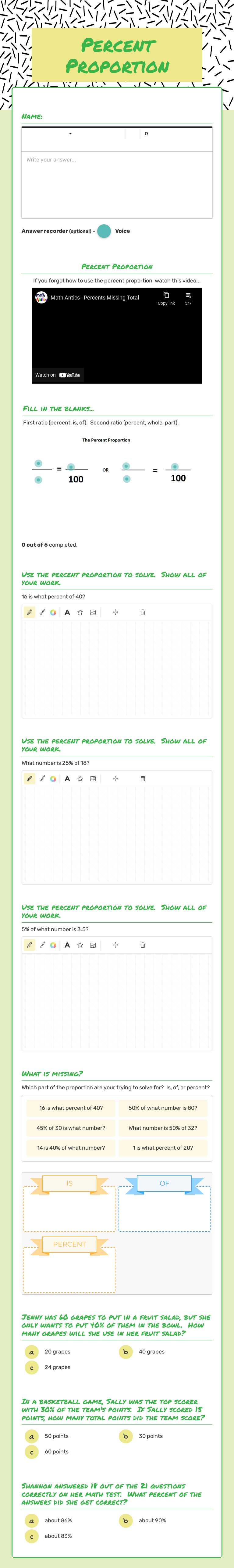 Percent Proportion worksheet preview image