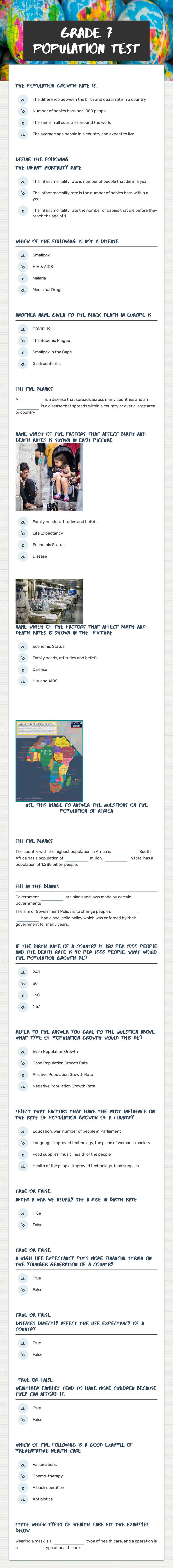 Grade 7 Population Test worksheet preview image