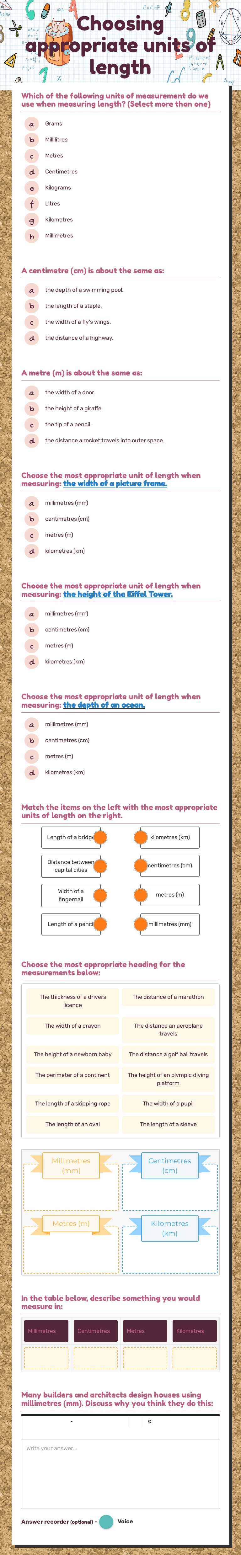 Choosing appropriate units of length Grade 5 worksheet preview