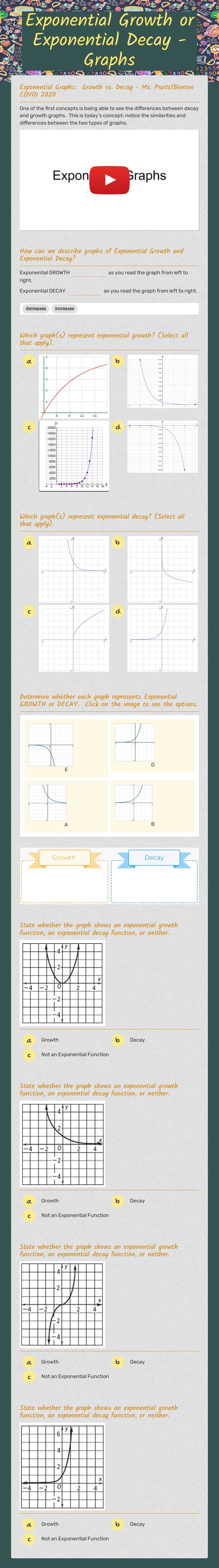 Exponential Growth or Exponential Decay - Graphs worksheet preview image
