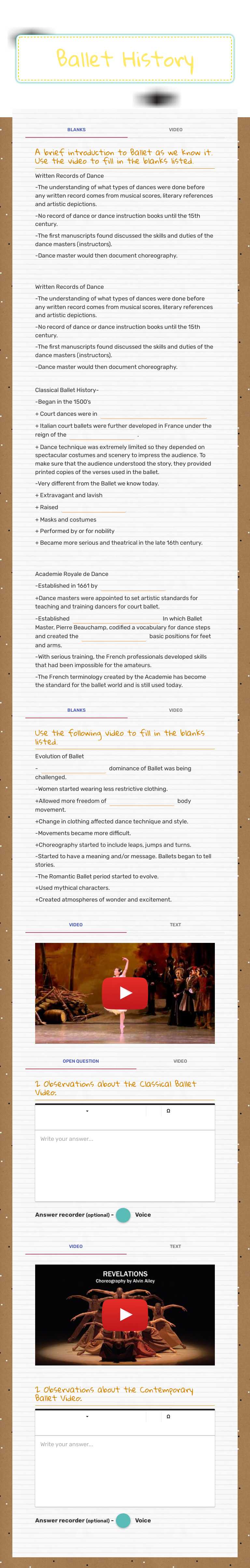 Ballet History worksheet preview image