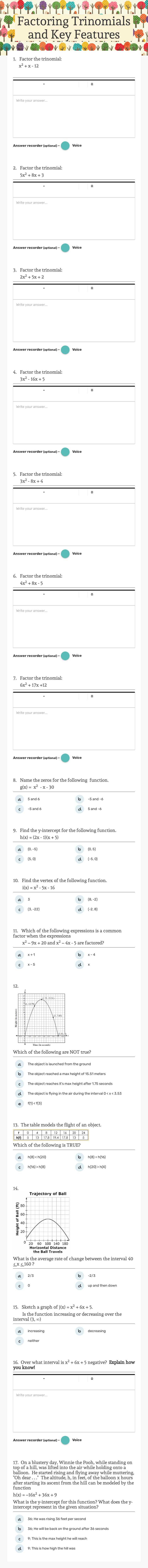 Factoring Trinomials and Key Features Grade 8 worksheet preview