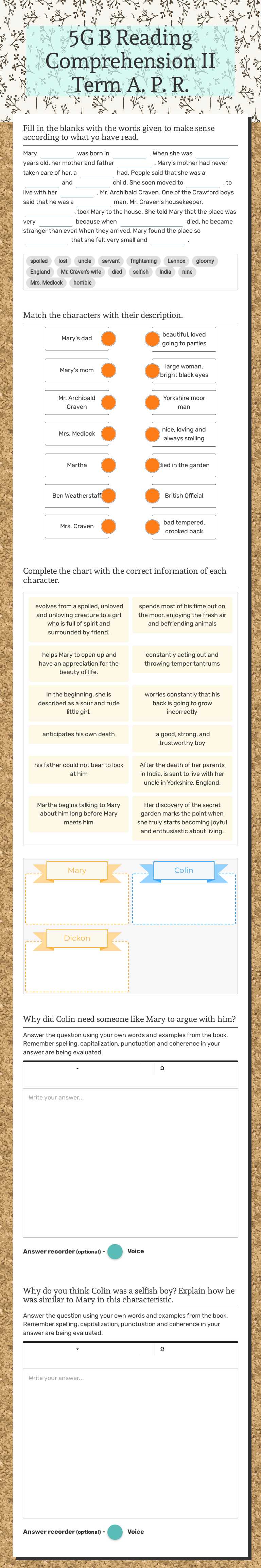 5G B Reading Comprehension II Term A. P. R. worksheet preview image