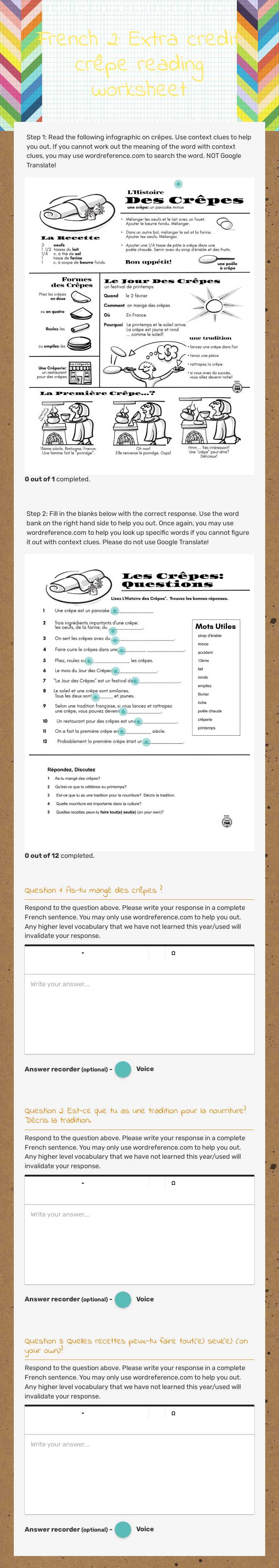 French 2: Extra credit: crêpe reading worksheet worksheet preview image