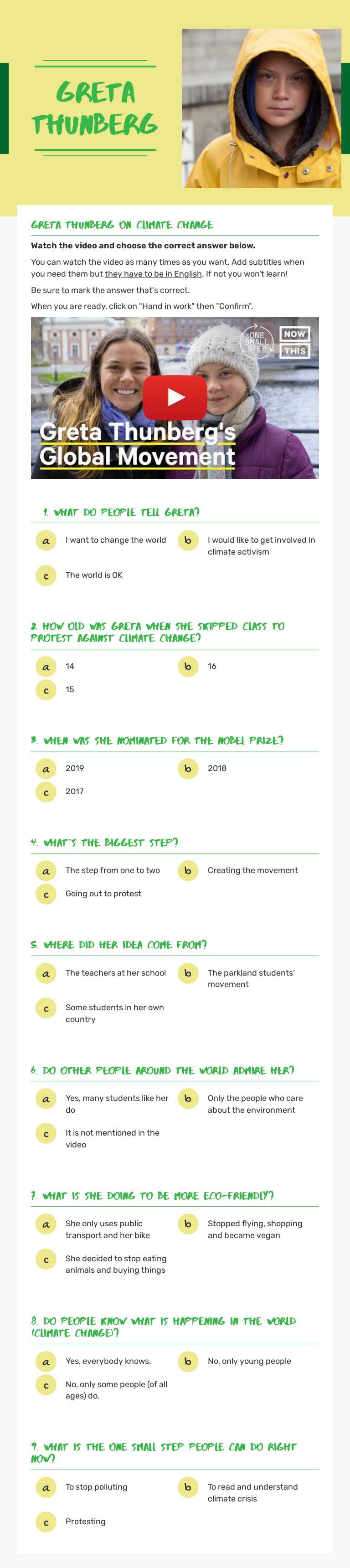 GRETA THUNBERG Grade 8 worksheet preview