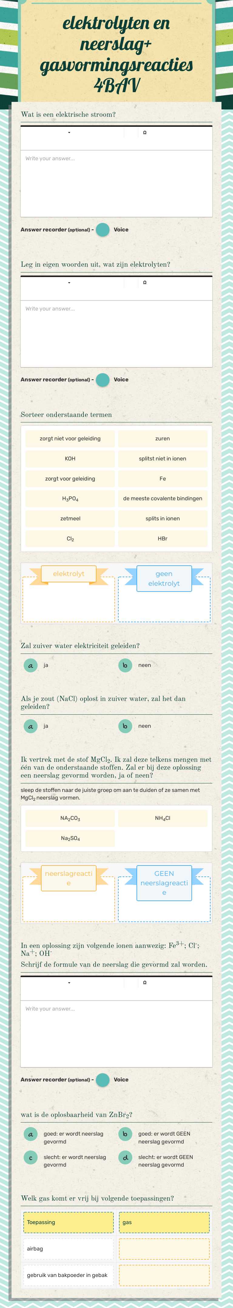 elektrolyten en neerslag+ gasvormingsreacties 4BAV worksheet preview image
