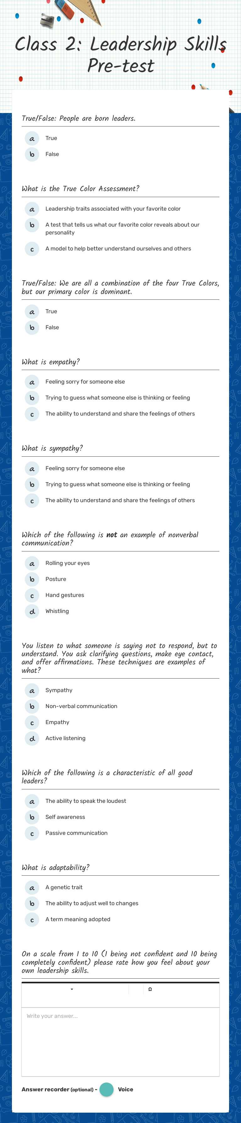 Class 2: Leadership Skills Pre-test worksheet preview