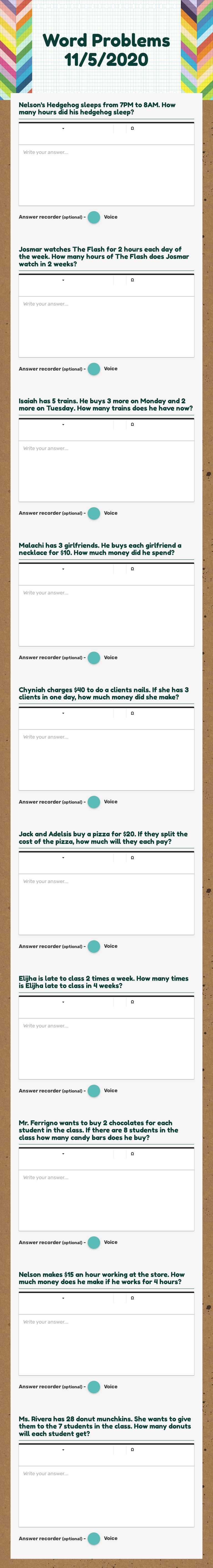 Word Problems 11/5/2020 worksheet preview image
