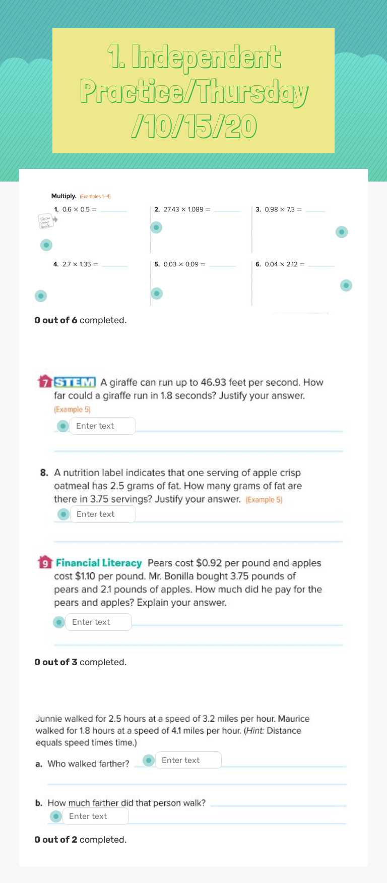 1. Independent Practice/Thursday /10/15/20 Grade 6 worksheet preview