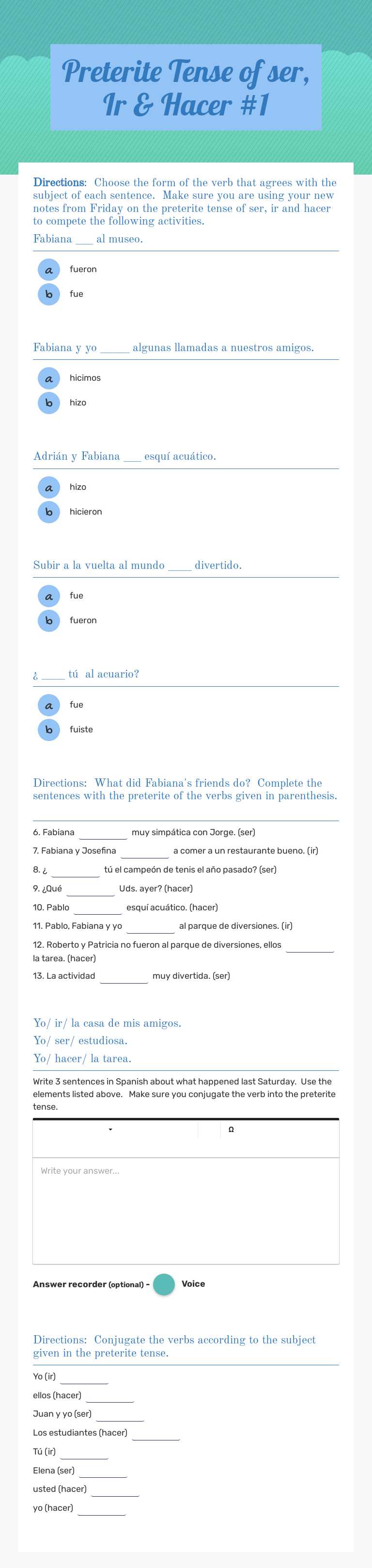 Preterite Tense of ser, Ir & Hacer #1 Grade 8 worksheet preview