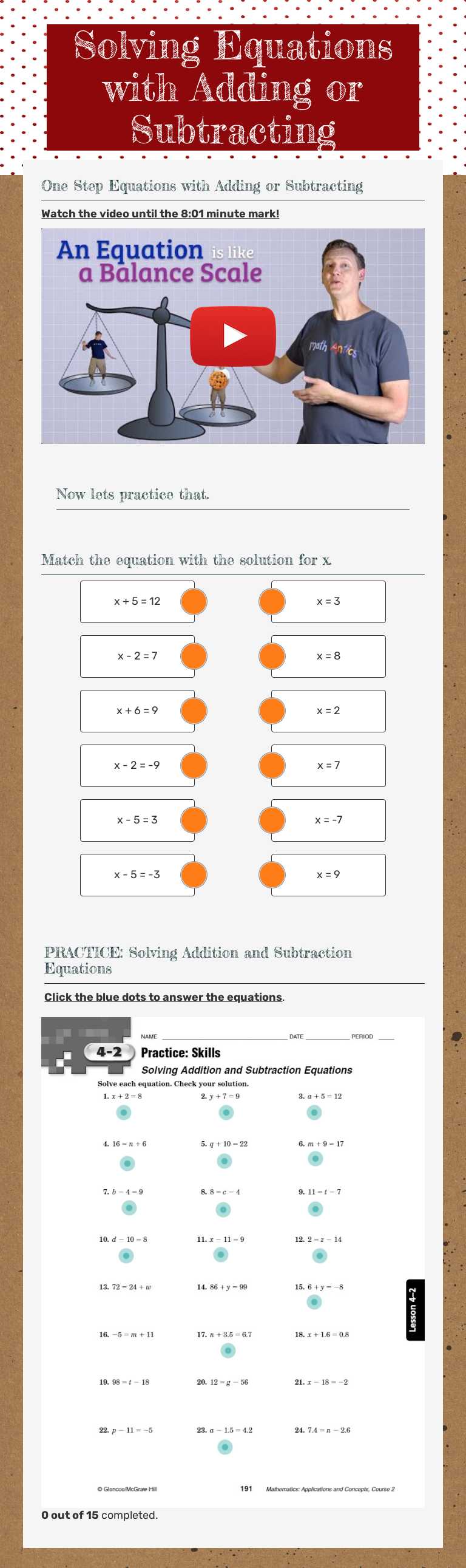 Solving Equations with             Adding or Subtracting worksheet preview image