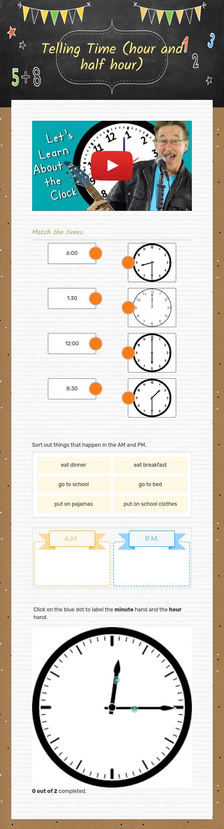 Telling Time (hour and half hour) worksheet preview image