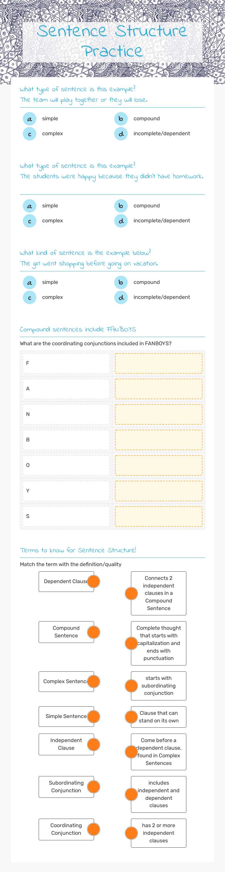 Sentence Structures Practice Grade 6 worksheet preview