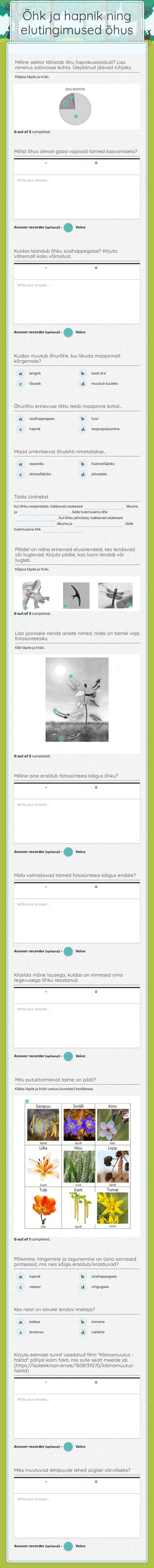Õhk ja hapnik ning elutingimused õhus worksheet preview