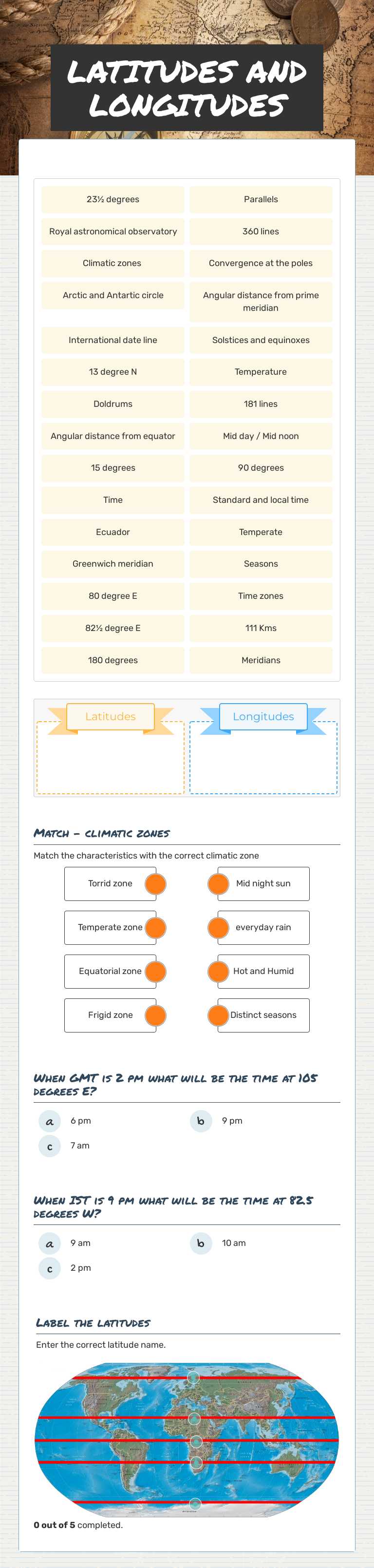 LATITUDES AND LONGITUDES Grade 9 worksheet preview