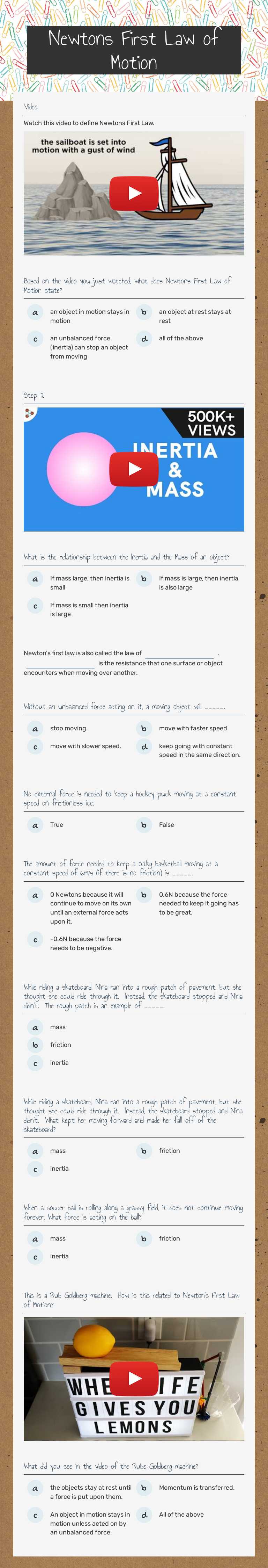 Newtons First Law of Motion Grade 8 worksheet preview