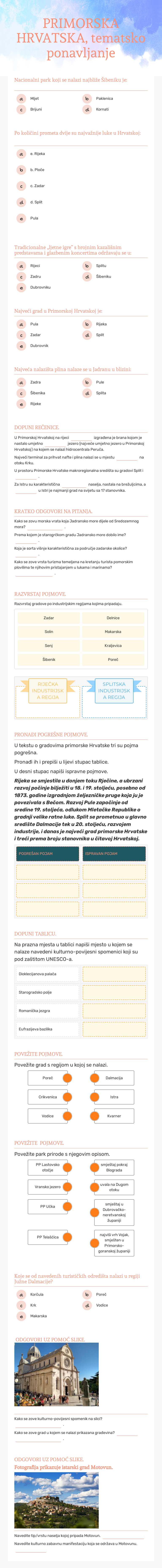 PRIMORSKA HRVATSKA, tematsko ponavljanje Grade 8 worksheet preview