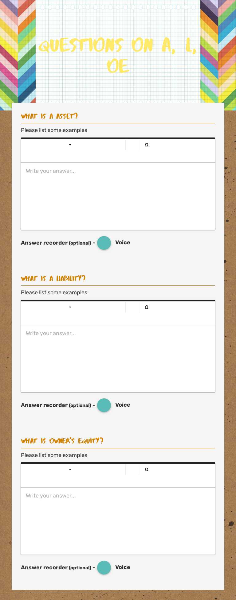 Questions on A, L, OE worksheet preview image