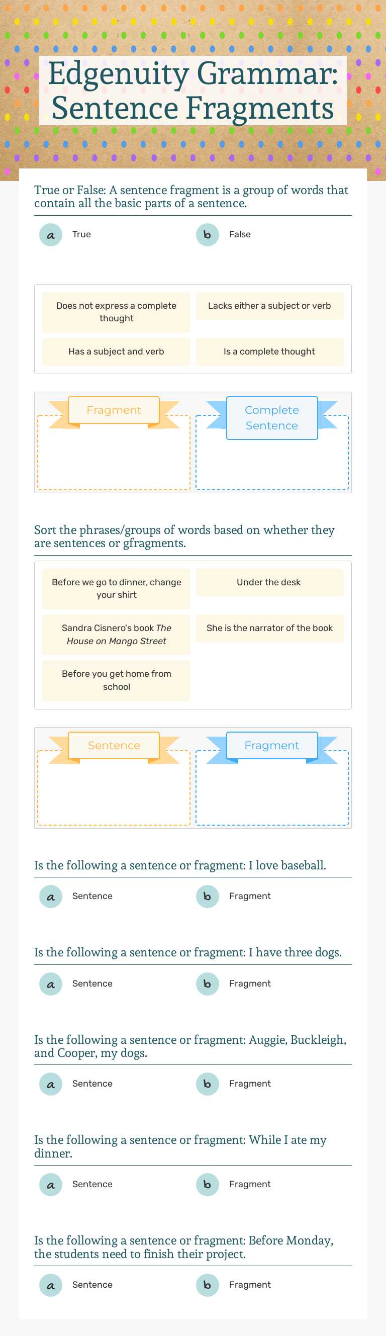 Edgenuity Grammar: Sentence Fragments worksheet preview image