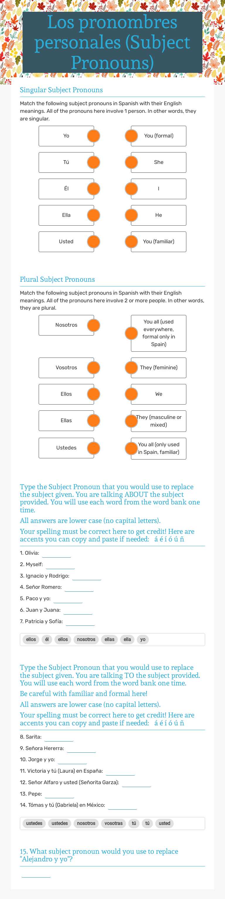 Los pronombres personales (Subject Pronouns) worksheet preview image