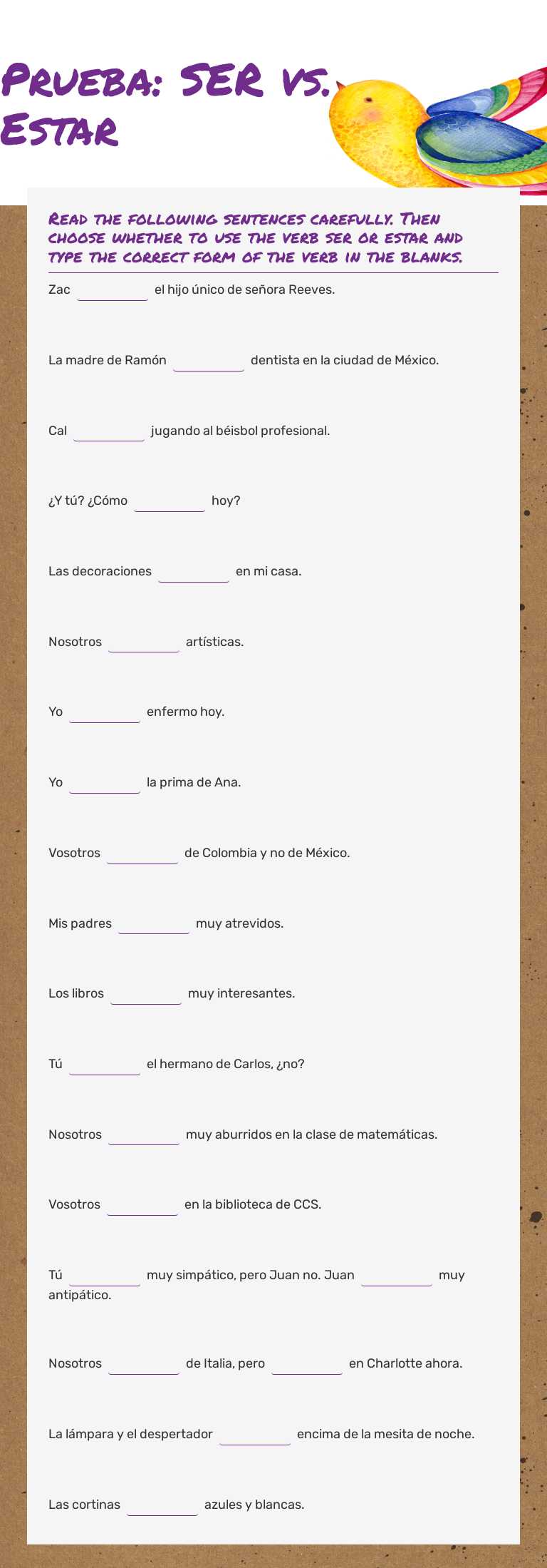Prueba: SER vs. Estar Grade 10 worksheet preview