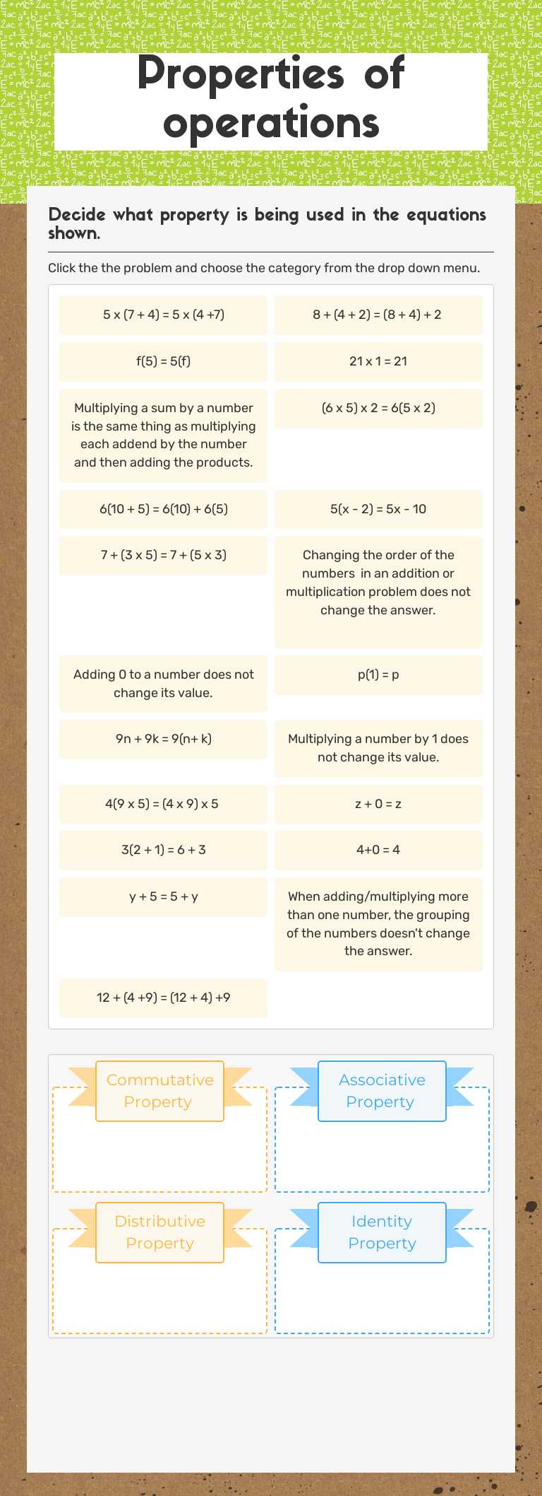 Properties of operations worksheet preview image