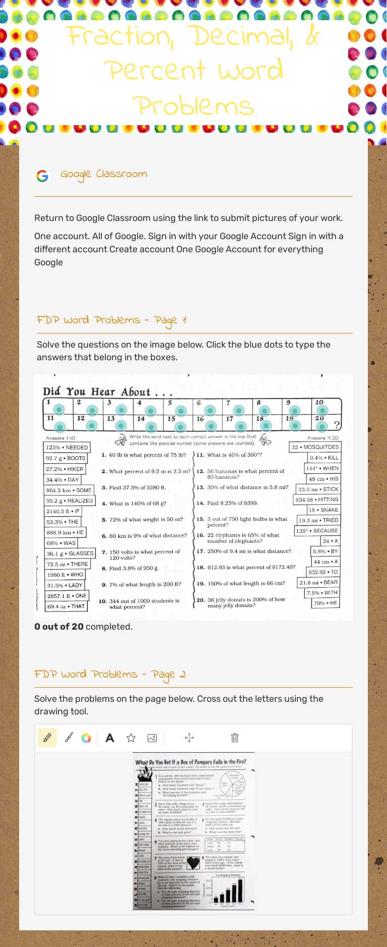 Fraction, Decimal, & Percent Word Problems Grade 10 worksheet preview