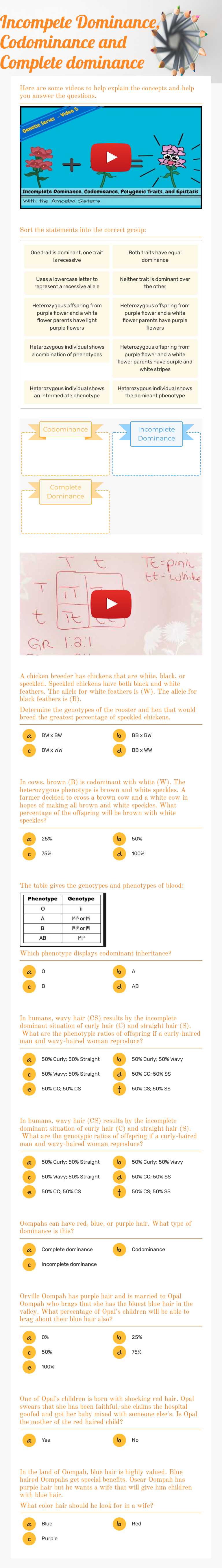 Incompete Dominance, Codominance and Complete dominance worksheet preview image