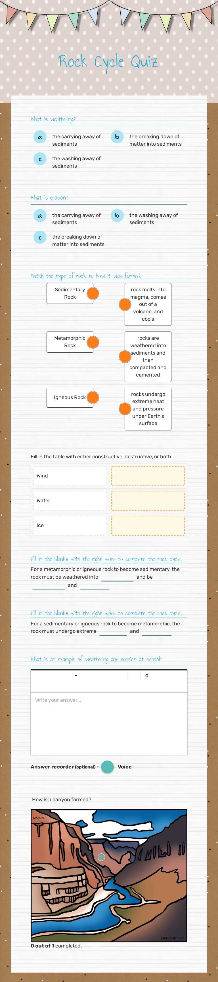 Rock Cycle Quiz worksheet preview image