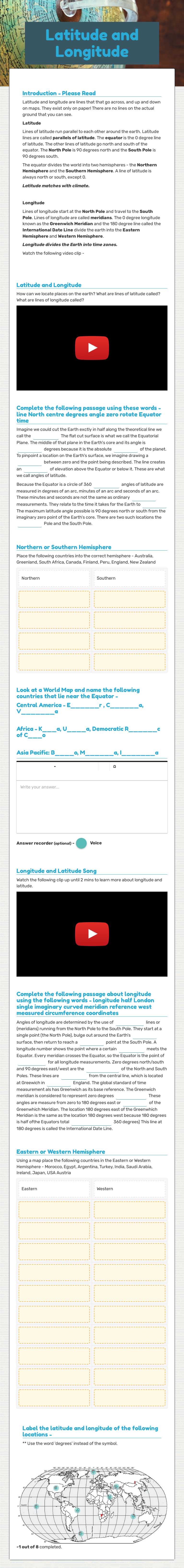 Latitude and Longitude worksheet preview image