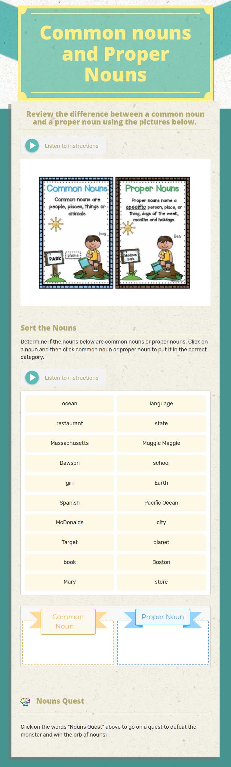 Common nouns and 
Proper Nouns worksheet preview image